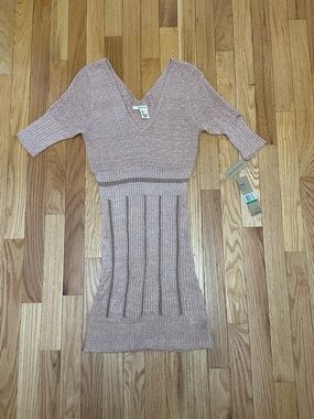 DKNYC Blush Pink Sparkle Ribbed V-Neck Mini Dress
